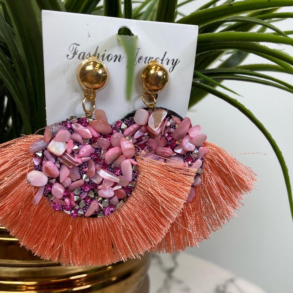 ‼️ Peach Pink Rock Stone Diamond Fan Earrings - Picture 4 of 8